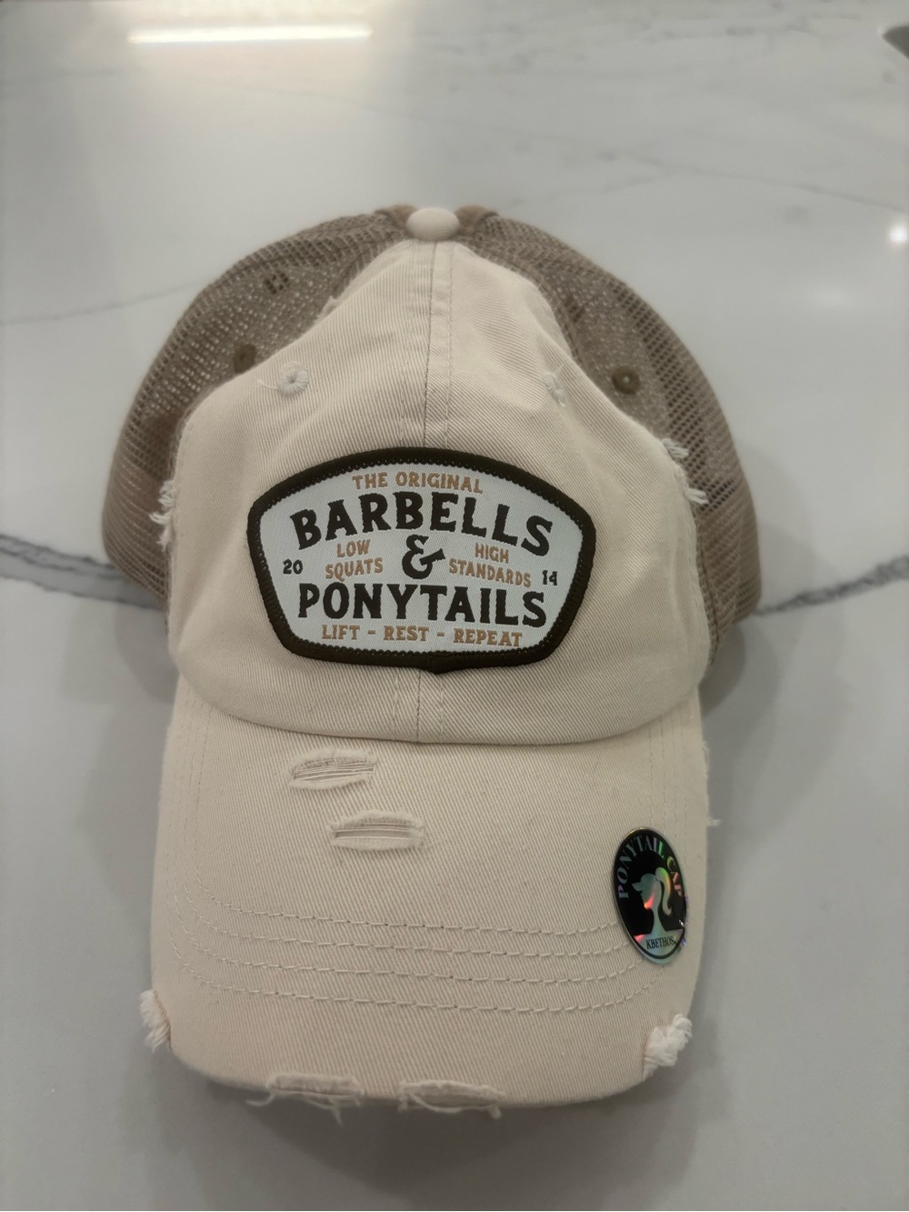 KBETHOS Cream & Brown Barbells & Ponytails Mesh Trucker Hat